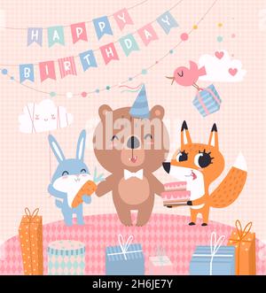 Lustige Geburtstagskarte. Niedliche Babytiere zusammen tragen, Hase und Fuchs mit leckeren Kuchen in Vektor. Pink Pastellfarben Cartoon festliche kindliche Karte Stock Vektor