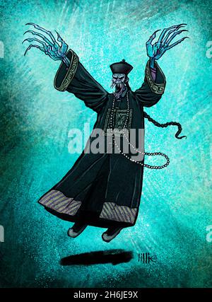 Künstlerische Darstellung eines Chiang Shih oder Jiangshi, eines chinesischen hoppenden Vampirs oder einer reanimierten Leiche, dargestellt in Legende, Folklore, Literatur, Fernsehen und Film. Stockfoto