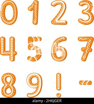 Satz von Zahlen aus glasierten Lebkuchen. Festliche Schrift, Symbol für ein glückliches neues Jahr und Weihnachten, Zeichen und Ziffer in verschiedenen Formen Stock Vektor