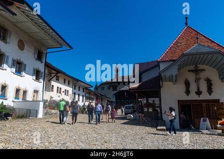 Mittelalterliche Stadt im Schloss Gruyere, Freiburg, Schweiz, Europa Stockfoto