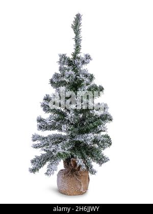 Gefälschter Weihnachtsbaum mit gefälschtem Schnee auf Ästen. Wurzeln in braunem Material bedeckt. Isoliert auf weißem Hintergrund. Stockfoto
