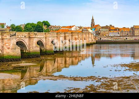 Blick auf den Fluss Tweed und die Stadtgebäude, Berwick-upon-Tweed, Northumberland, England, Vereinigtes Königreich, Europa Stockfoto