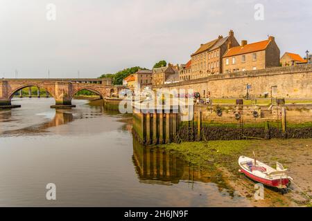 Blick auf die Alte Brücke über den Fluss Tweed und Stadthäuser, Berwick-upon-Tweed, Northumberland, England, Vereinigtes Königreich, Europa Stockfoto