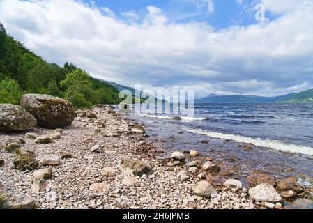 Loch Ness, Blick nach Süden hinunter loch, von der Nähe Dores, ruhige, geheime Südseite von loch, Tourist, Wanderer, Besucher, wunderschön, Licht, Pfad des Änderungshauses Stockfoto