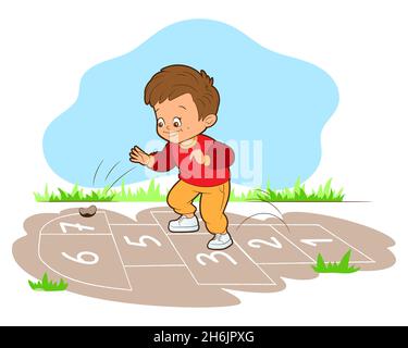 Der Junge spielt Hopskotch, springt auf einem Bein, während .Vector Illustration, Cartoon-Stil, schwarz-weiße Linie Kunst Stock Vektor