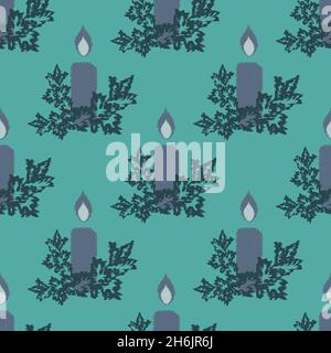 Weihnachtsferien Kerzen, Beeren, Stechpalme nahtlose Vektor-Muster. Festlicher Hintergrund mit traditionellen verstreuten Motiven im Scribble-Zeichnungsstil Stock Vektor