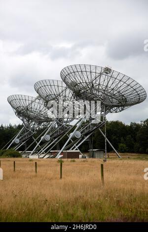Drei Teleskope des Westerbork Synthesis Radio Telescope (WSRT), Drenthe, Niederlande Stockfoto