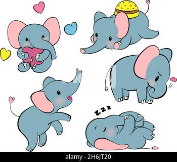 Emotionales Sticker-Set mit niedlichem Elefant. Kawaii-Stil. Cartoon Emoji Aufkleber mit Elefanten in verschiedenen Stimmungen. Vektorgrafik. Stock Vektor