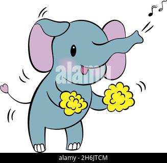 Emotionaler Aufkleber mit niedlichem Elefant. Kawaii-Stil. Cartoon Emoji Aufkleber mit tanzendem Elefant. Vektorgrafik. Stock Vektor