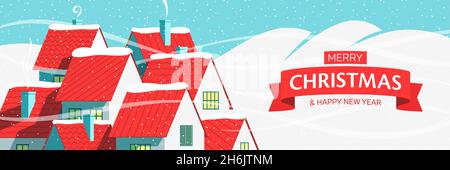 Kleine Dorfhäuser mit roten Dächern auf schneeblauem Hintergrund und frohe Weihnachten Grußtext. Verträumte Stadt Winter Urlaub Banner, Vektor-Illustration. Stock Vektor