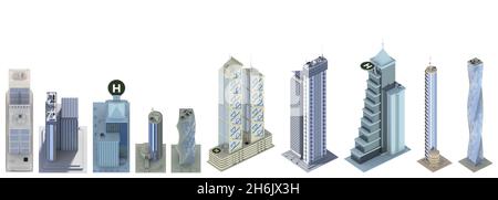 10 Bottom view Detaillierte Darstellungen fiktionaler Design-Hightech-Häuser mit wolkigen Himmelsreflexionen - isolierte, 3d-Darstellung von Wolkenkratzern Stockfoto