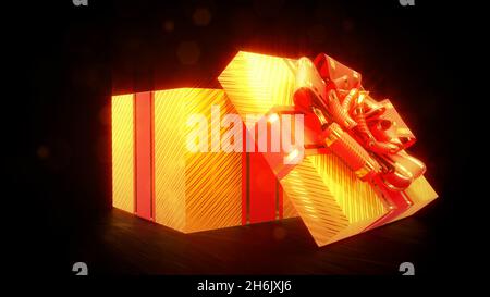 Glänzend geöffnet goldisch und rot präsent auf dunklem Hintergrund - Objekt 3D-Illustration Stockfoto