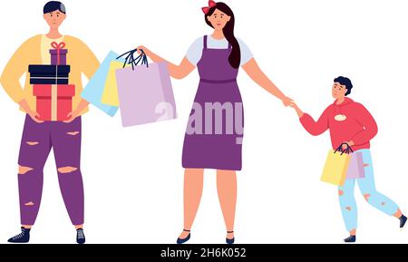 Eltern und Kinder kaufen Geschenke. Holiday Shopping-Konzept Stock Vektor