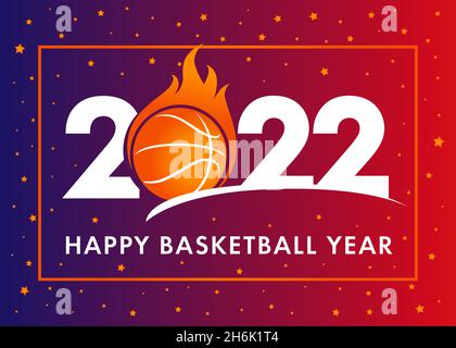 Frohes Basketball Jahr 2022. Sport Cover Hintergrund mit Logo 2022 mit Ball in Feuer und orange Sterne. Vektor-Illustration für Turnier-Banner Stock Vektor