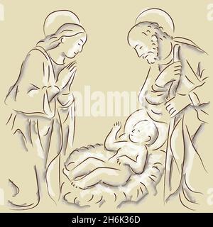 Geburt des Jesuskindes, Bild der Krippe, christlicher Feiertag von Weihnachten. Stock Vektor