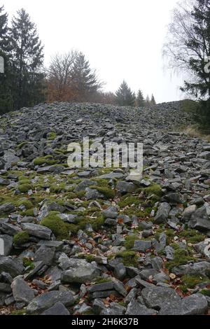 Blick auf die beeindruckende keltische Hügelburg Otzenhausen (Ringmauer, Hunnenring), Otzenhausen, Nonnweiler, Saarland, Deutschland Stockfoto