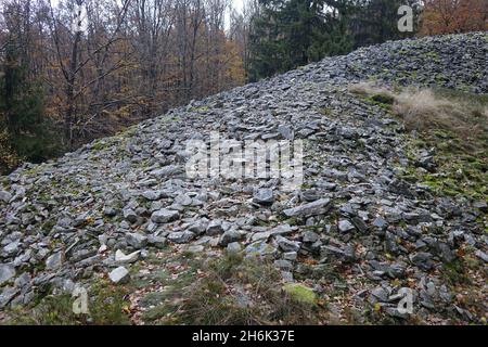 Blick auf die beeindruckende keltische Hügelburg Otzenhausen (Ringmauer, Hunnenring), Otzenhausen, Nonnweiler, Saarland, Deutschland Stockfoto