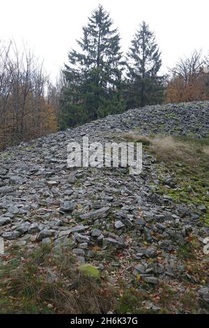 Blick auf die beeindruckende keltische Hügelburg Otzenhausen (Ringmauer, Hunnenring), Otzenhausen, Nonnweiler, Saarland, Deutschland Stockfoto