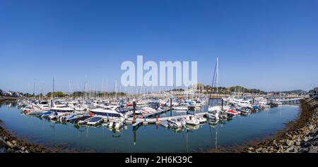 Panorama über Boote, die an sonnigen Tagen auf den Pontons in Conwy Marina festgemacht sind, Conwy, Wales, Vereinigtes Königreich, Stockfoto