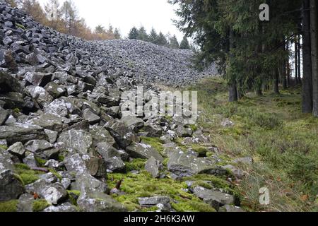 Blick auf die beeindruckende keltische Hügelburg Otzenhausen (Ringmauer, Hunnenring), Otzenhausen, Nonnweiler, Saarland, Deutschland Stockfoto