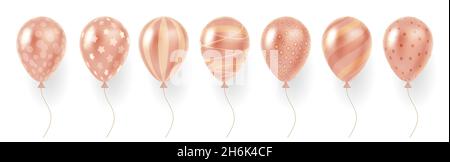 Realistische Ballons. 3d Party Decor mehrfarbige Luftballons mit verschiedenen Ornamenten, Sternchen, Vektor-Set von Streifen und Punkten Muster Stock Vektor