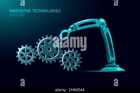 Manipulator mit niedrigem Polyesterbereich am Roboterarm. Dreieckige Form der Baugruppenkonstruktion. Polygonal verbundene Punkte 3D machen Roboter künstliche Maschinen Innovation Stock Vektor