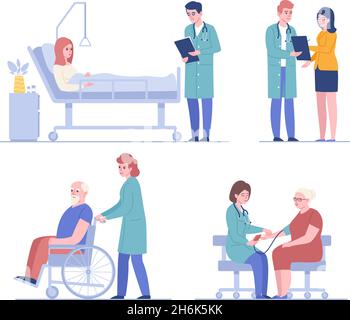 Ärzte und Patienten. Medizinisches Personal und Klinikbesucher, Personenuntersuchung, Behandlung von Krankheiten, Gesundheitsversorgung und Krankenhausaufenthalt. Vektorset Stock Vektor