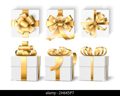 Realistische Geschenkboxen. 3d weiße Urlaubsverpackung Mockup, Goldbänder und verschiedene Schleifen, Geschenkpapier Vorlagen, oben und seitlich Ansicht. Vektorset Stock Vektor
