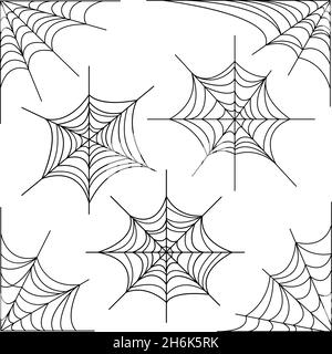 Halloween Horror Spinnennetz. Natur schwarze Spinne hängen Netzecke und Elemente der Falle für Grenzen oder Rahmen, Cartoon-Vektor auf weißem Hintergrund gesetzt Stock Vektor
