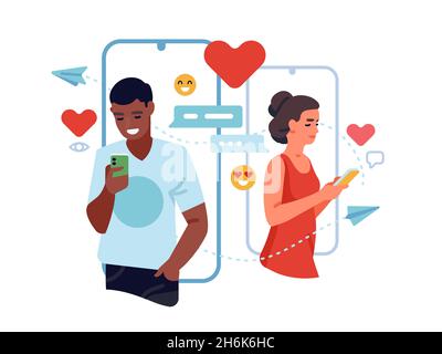 Online-Dating-Service. App für das Matchmaking-Telefon, Mann und Frau chatten und flirten im sozialen Netzwerk, suchen Liebe und Beziehungen. Vektorkonzept Stock Vektor