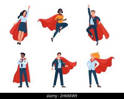 Super-Geschäftsmänner-Charaktere. Männer und Frauen Helden in verschiedenen Posen, fliegen, stehende Geschäftsleute, flatternde Umhänge. Vektorset Stock Vektor