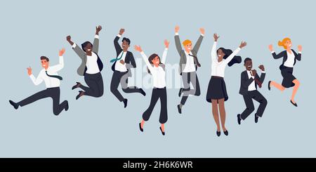 Springende Geschäftsleute. Fröhliche Firmenmitarbeiter, Büroleiter, Teamevent, Männer und Frauen in formellen Anzügen, die Spaß haben. Vektorset Stock Vektor