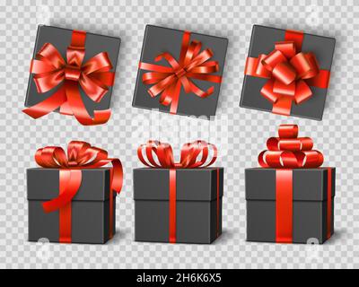 Schwarze Geschenkschachteln. Realistische festliche Geschenke verpackt Mockup, rote Satinbänder mit unterschiedlich gebundenen Schleifen, elegante dunkle Verpackung. Vektorset Stock Vektor