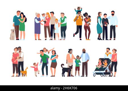 Glückliche Familien. Big People gruppiert verschiedene Altersgruppen, Generationen, porträtiert Kinder und Erwachsene, Eltern und Großeltern mit Kindern. Vektorset Stock Vektor