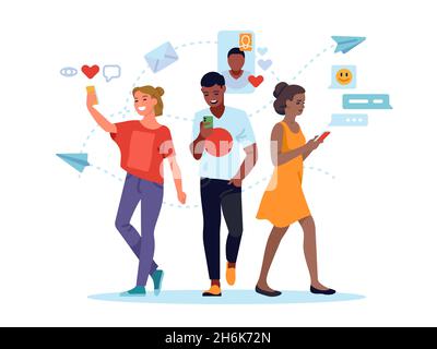 Social-Media-Mitarbeiter. Junge Frauen und Männer nutzen soziale Netzwerke, mobiles Internet-Messaging, Kommentare und setzen „Gefällt mir“-Angaben. Vektorkonzept Stock Vektor
