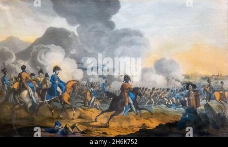 Die Schlacht von Salamanca, 22. Juli 1812, während des Peninsula-Krieges. Wellington ist links in einem blauen Mantel inmitten der Truppen seiner anglo-portugiesischen Armee zu sehen. Eine spanische Abteilung war ebenfalls anwesend, die mit der Blockierung französischer Fluchtwege beauftragt war. Nach einer Arbeit von William Heath. Stockfoto