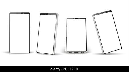 Realistisches weißes Handy-Modell. Verschiedene Winkel perspektivische Telefonvorlage, 3d-Modell für mobile Geräte, einfaches Smartphone-Design. Vektorset Stock Vektor
