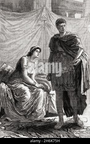 Das Interview zwischen Cleopatra und Octavian, nach seinem Sieg über Mark Anthony in der Schlacht von Actium im Jahr 31 v. Chr., wo sie ihre Unschuld beklagt. Cleopatra VII Philopator, 69 v. Chr. – 30 v. Chr. Königin des ptolemäischen Königreichs Ägypten. Caesar Augustus, 63 v. Chr. – 14 n. Chr., aka Octavian. Erster römischer Kaiser. Aus Cassells Illustrated Universal History, veröffentlicht 1883. Stockfoto