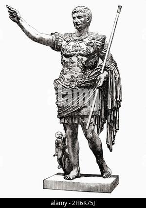 Caesar Augustus, 63 v. Chr. – 14 n. Chr., aka Octavian. Erster römischer Kaiser. Nach Augustus von Prima Porta, eine Porträtstatue von Augustus Caesar in voller Länge. Aus Cassells Illustrated Universal History, veröffentlicht 1883. Stockfoto