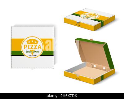 Pizzakarton. Realistische Fast-Food-Mockup, Karton Markenverpackung mit Pizzeria-Logo, Restaurant-Lieferkarton Vorlage. Vektorset Stock Vektor