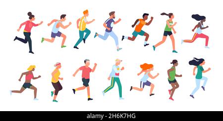Laufen von Menschen. Sportliche Aktivitäten, Männer und Frauen laufen, Athleten in Uniformen, verschiedene Läufer-Charaktere, internationaler Marathon Stock Vektor