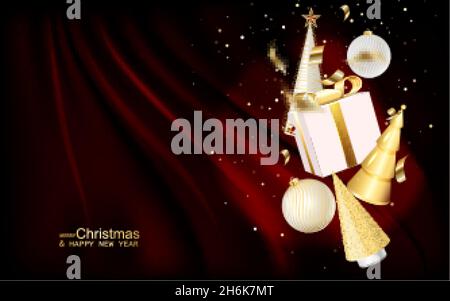 Frohe Weihnachten handgefertigter Weihnachtshintergrund.Rotes Produktpodium mit weißen und goldenen Weihnachtsdekorationen auf rotem Hintergrund. Vektorgrafik Stock Vektor