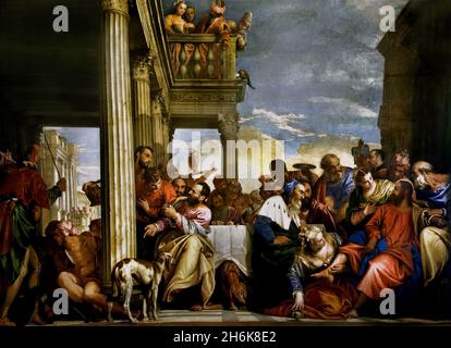 Abendessen im Haus von Simon dem Pharisäer 1555 - 1556 Caliari Paolo bekannt als Paolo Veronese, 1528/ 1588 Italien, Italienisch, ( Simon, war ein, Pharisäer, erwähnt im Lukas-Evangelium als Gastgeber einer Mahlzeit, der Jesus einlud, in seinem Haus zu essen, aber es versäumte, ihm die üblichen Zeichen der Gastfreundschaft zu zeigen, die Besuchern angeboten wurden, einen Grußkuss, Wasser, um seine Füße zu waschen, oder Öl für seinen Kopf) Stockfoto