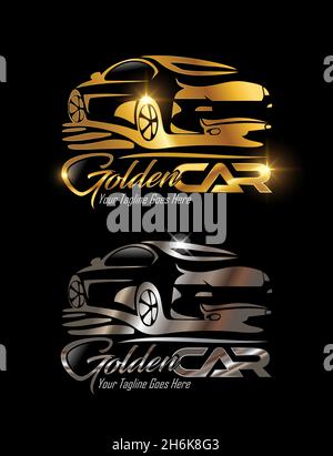 Ein Vektor-Illustration-Set aus Golden Car und Silver Car Vector Sign auf schwarzem Hintergrund mit Gold Glanz-Effekt Stock Vektor