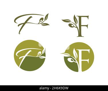 Ein Vektor-Illustration-Set aus Olivem Monogramm Logo Anfangsbuchstabe F Stock Vektor