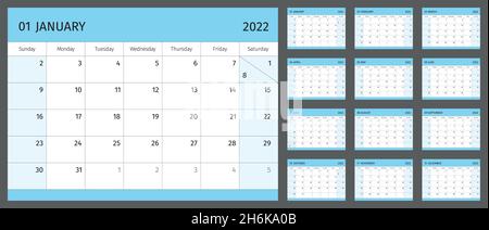 Horizontaler Kalender für 2022 Jahre, 1 Monat auf jeder Seite. Einfaches Kalenderraster auf weißem Hintergrund isoliert, Sonntag bis Montag, Geschäftsvorlage. Mo Stock Vektor