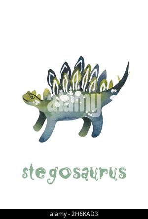 Baby Dinosaur Poster. Niedliche Stegosaurus Cartoon isolierte Illustration. Aquarell Stockfoto