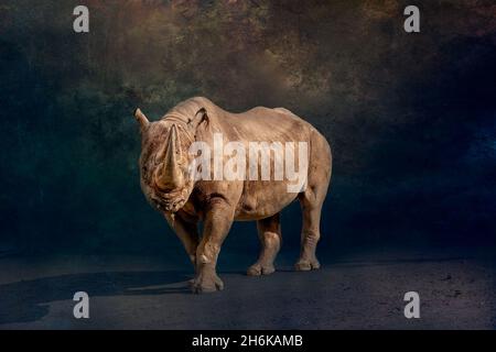 Künstlerisches Porträt eines schwarzen Nashorns, das durch die Nacht geht Stockfoto