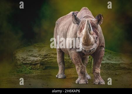 Ein großes schwarzes, stehendes afrikanisches Nashorn Stockfoto