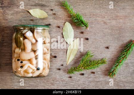 Hausgemachte Konservierung. Marinierte Suillus-Pilze im Glasgefäß mit Metalldeckeln. Flach liegend, Draufsicht Stockfoto